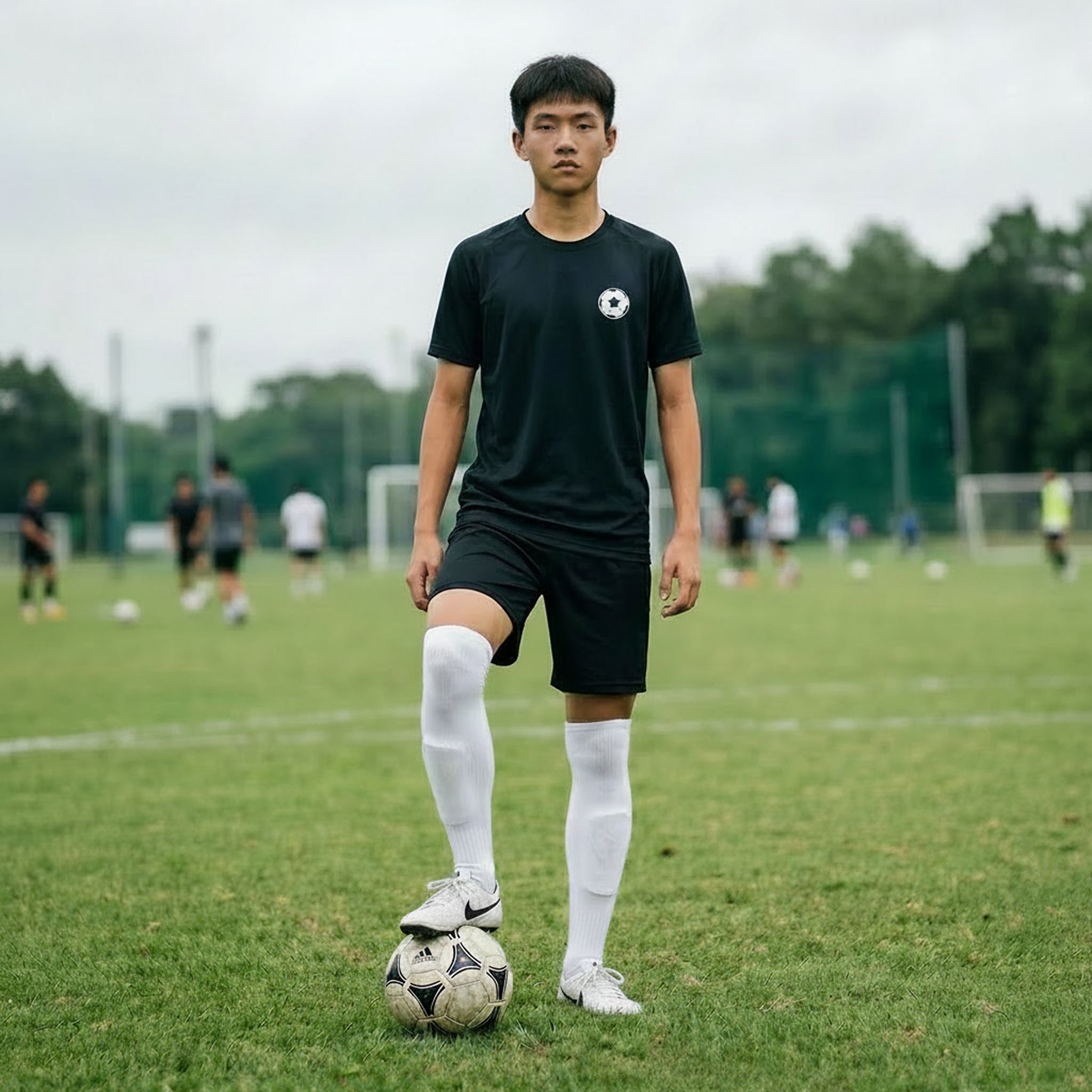 Soccer & football player wearing white knee-high socks and cleats on grass pitch — Apparel & Accessories collection, Ball in Goal Shop