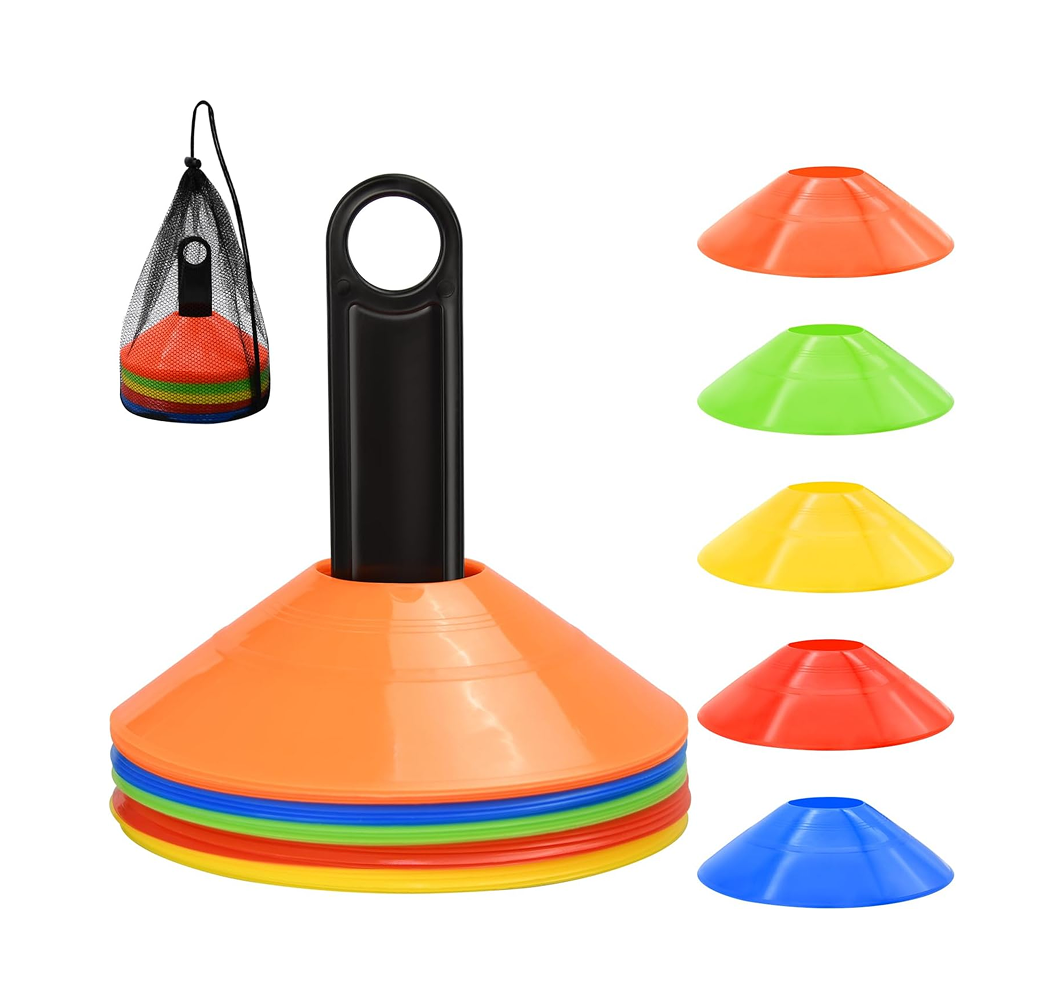 Soccer & Football Disc Cones — 25 Pack 5-Color Flat Markers with Carry Bag & Holder