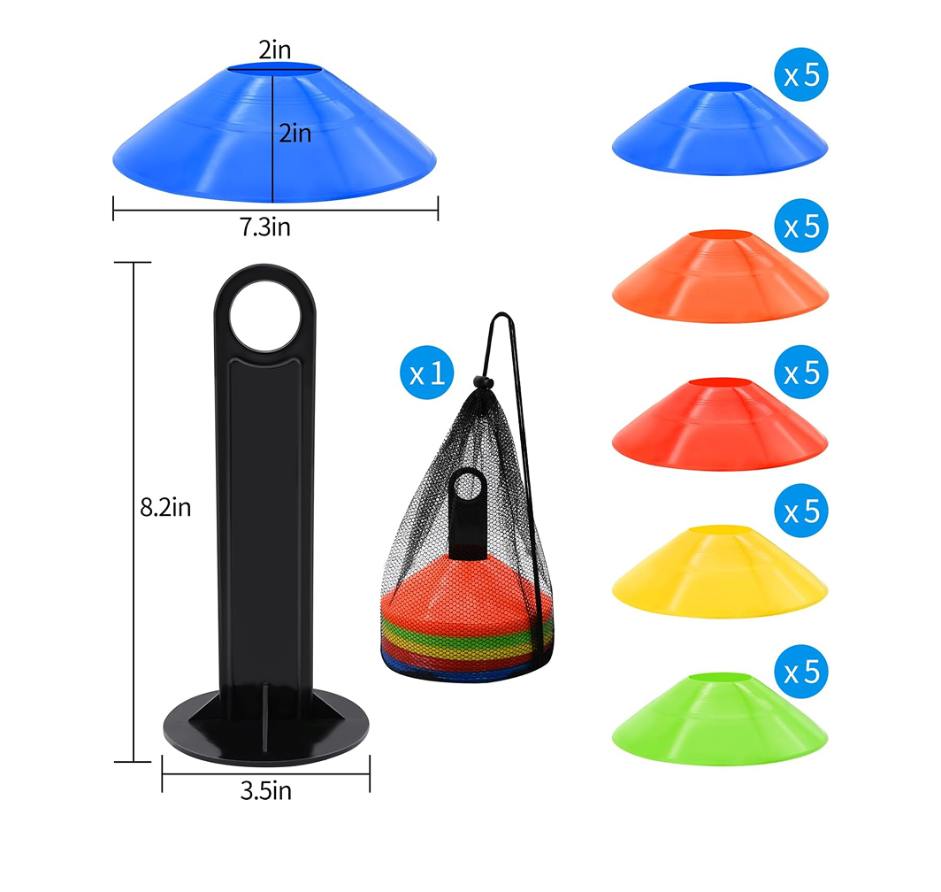 Soccer & Football Disc Cones — 25 Pack 5-Color Flat Markers with Carry Bag & Holder
