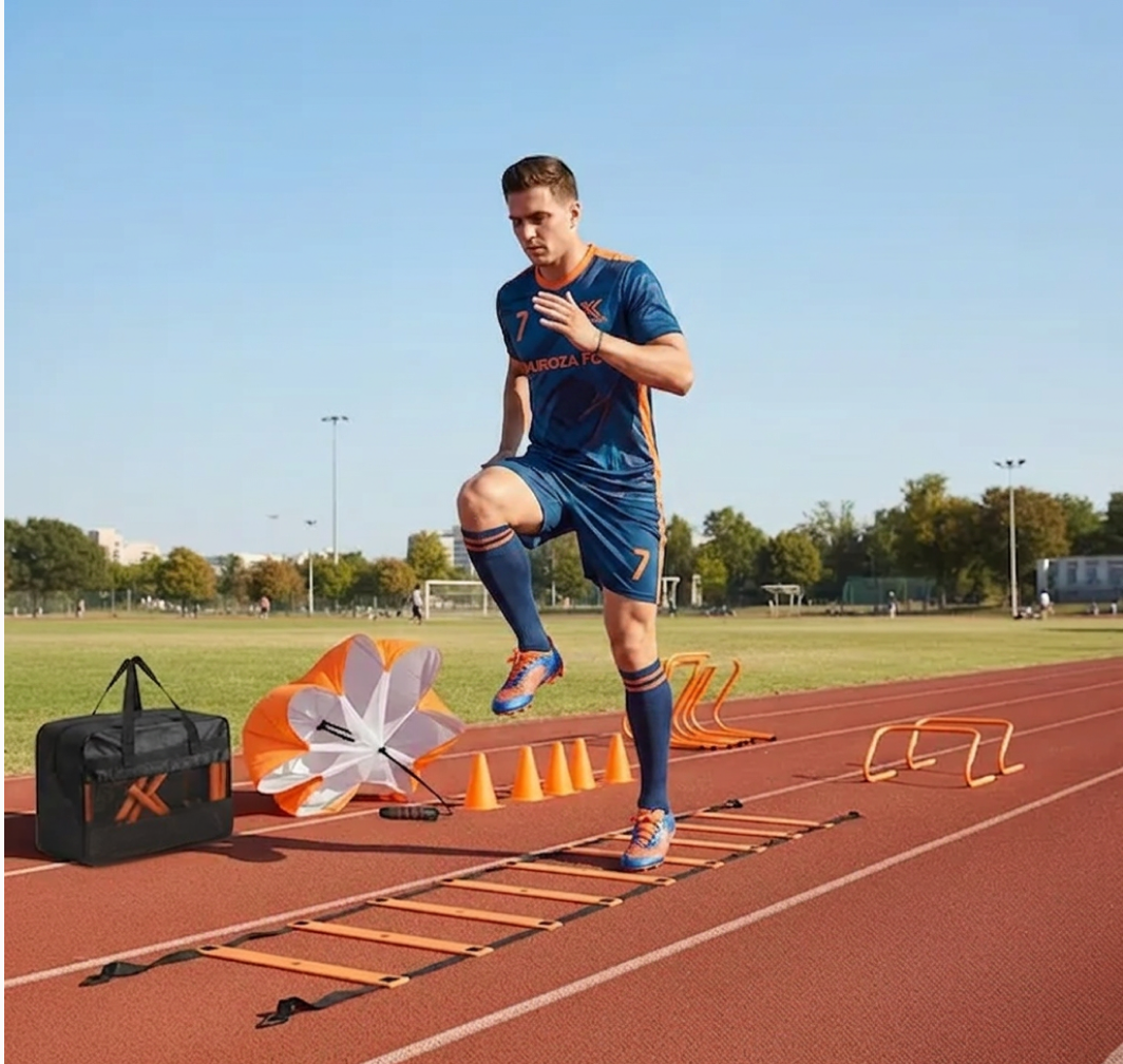 Soccer & Football Agility Training Set — 610cm (20ft) Ladder, Hurdles, Parachute, Cones & Jump Rope