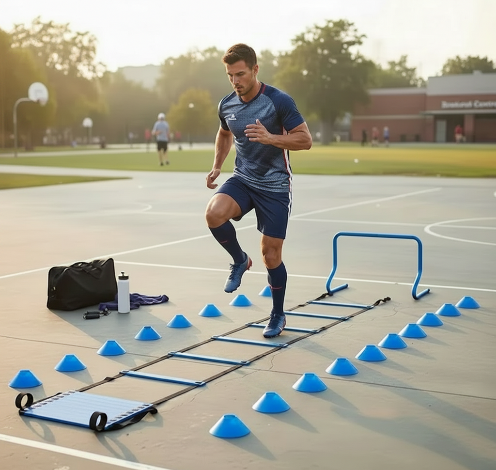 Soccer & Football Agility Training Set — 610cm (20ft) Ladder, Hurdles, Parachute, Cones & Jump Rope