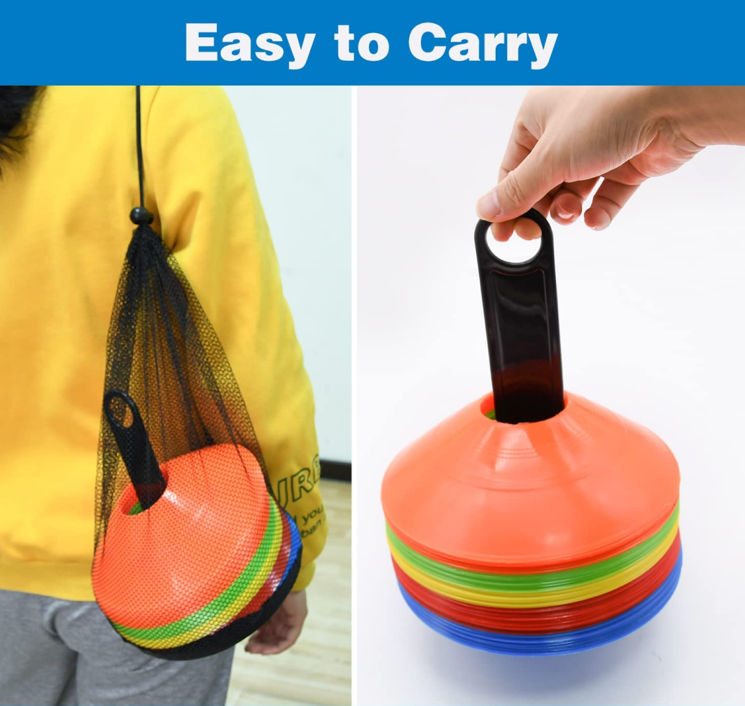 Soccer & Football Disc Cones — 25 Pack 5-Color Flat Markers with Carry Bag & Holder
