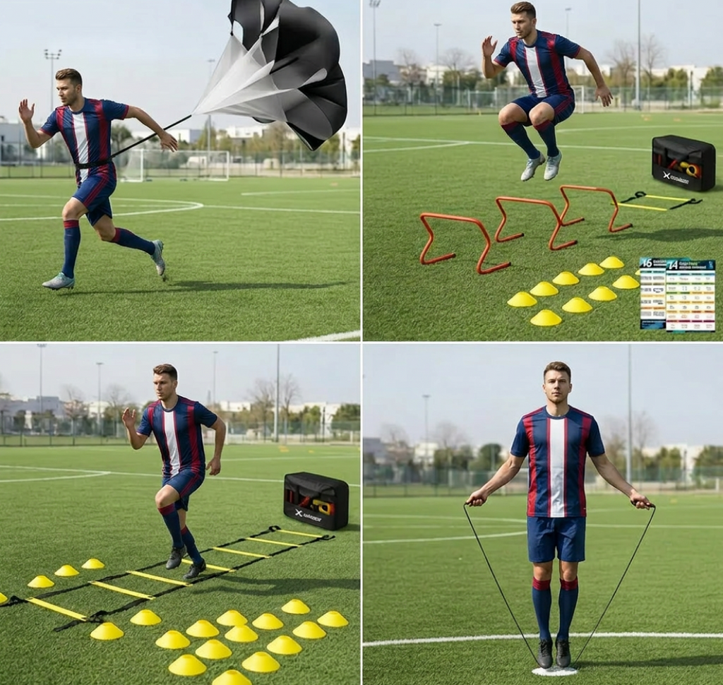 Soccer & Football Agility Training Set — 610cm (20ft) Ladder, Hurdles, Parachute, Cones & Jump Rope
