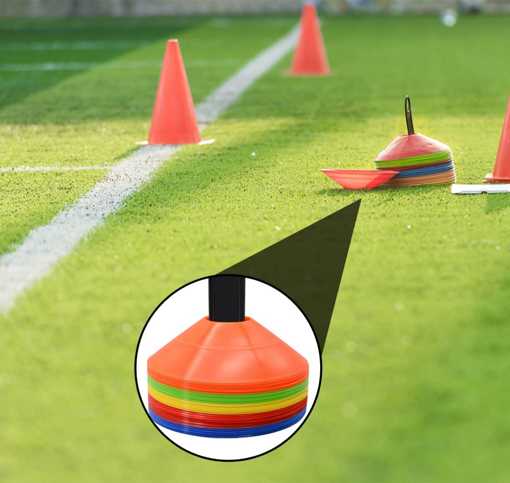 Soccer & Football Disc Cones — 25 Pack 5-Color Flat Markers with Carry Bag & Holder