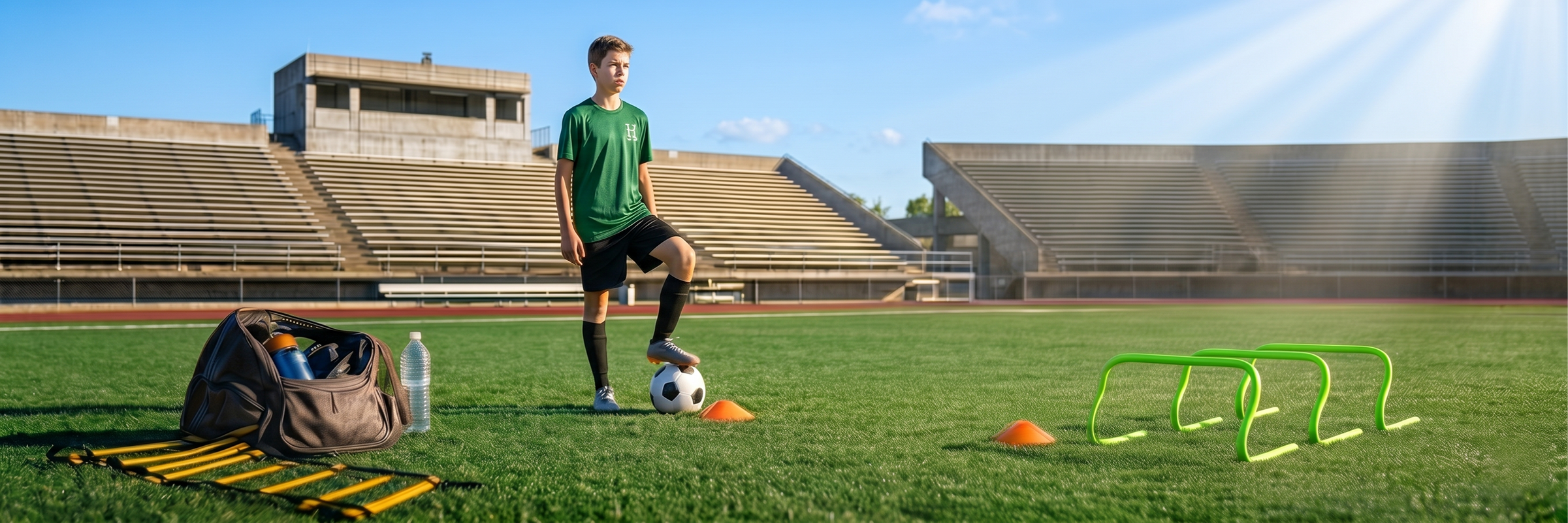 Soccer training equipment arranged on a field includes an agility ladder, cones, and hurdles.