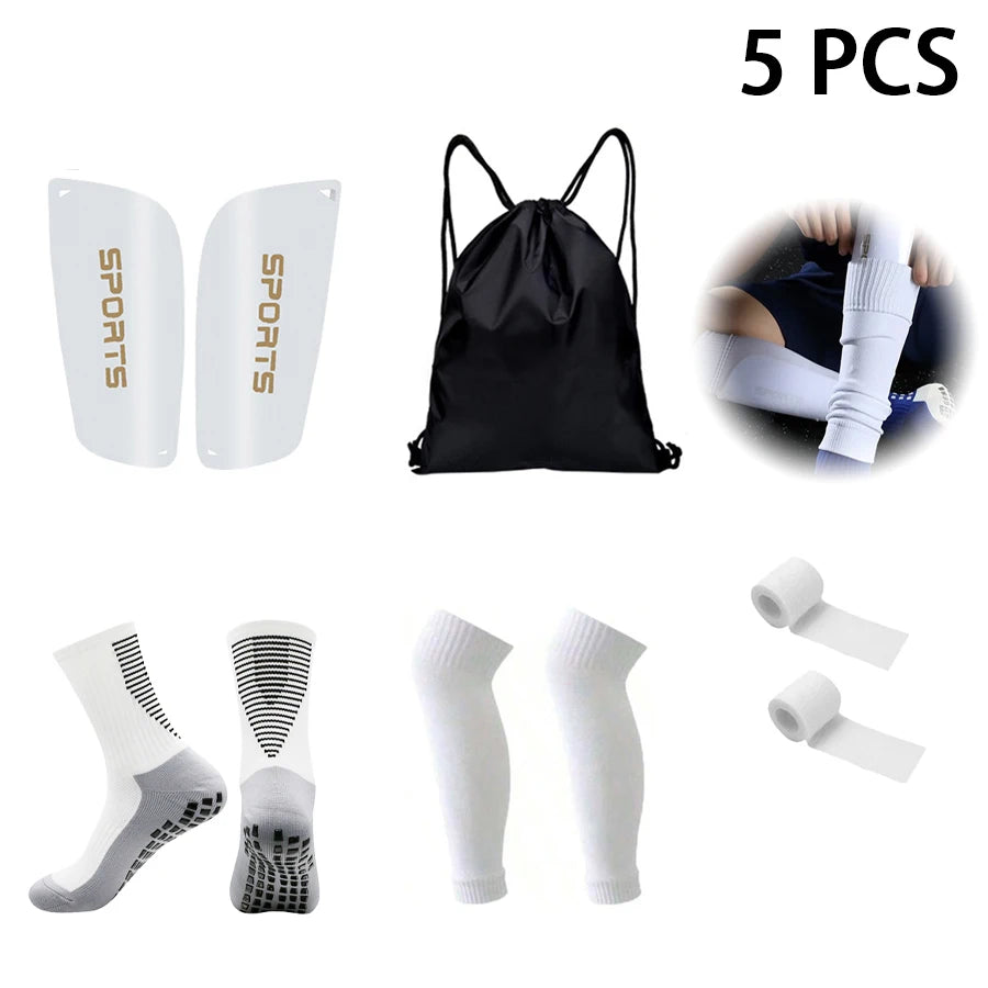 5PCS Set Teenagers Football Bag Soccer Socks Grip Men Sport Socks Soccer Leg Cover Shin Pads Soccer Training Shank Board Bandag