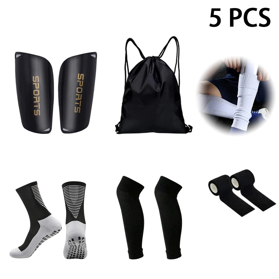 5PCS Set Teenagers Football Bag Soccer Socks Grip Men Sport Socks Soccer Leg Cover Shin Pads Soccer Training Shank Board Bandag